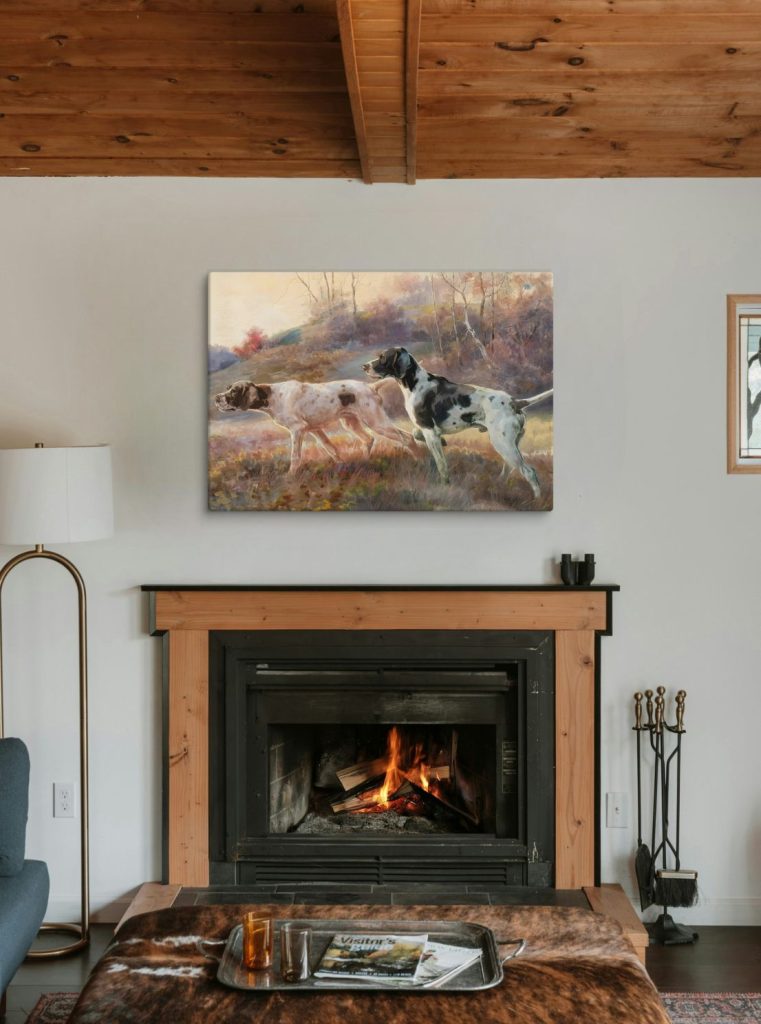 Antique hunting dog oil painting canvas print over a cozy fireplace
