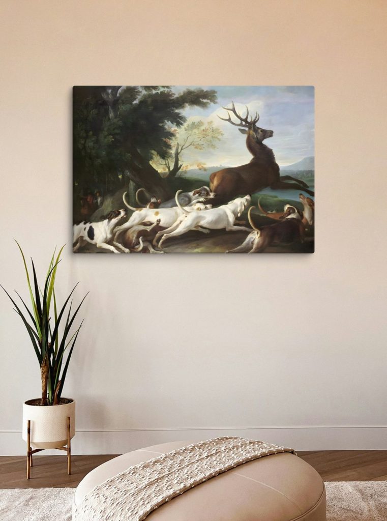 Antique painting of dogs hunting deer displayed on living room wall