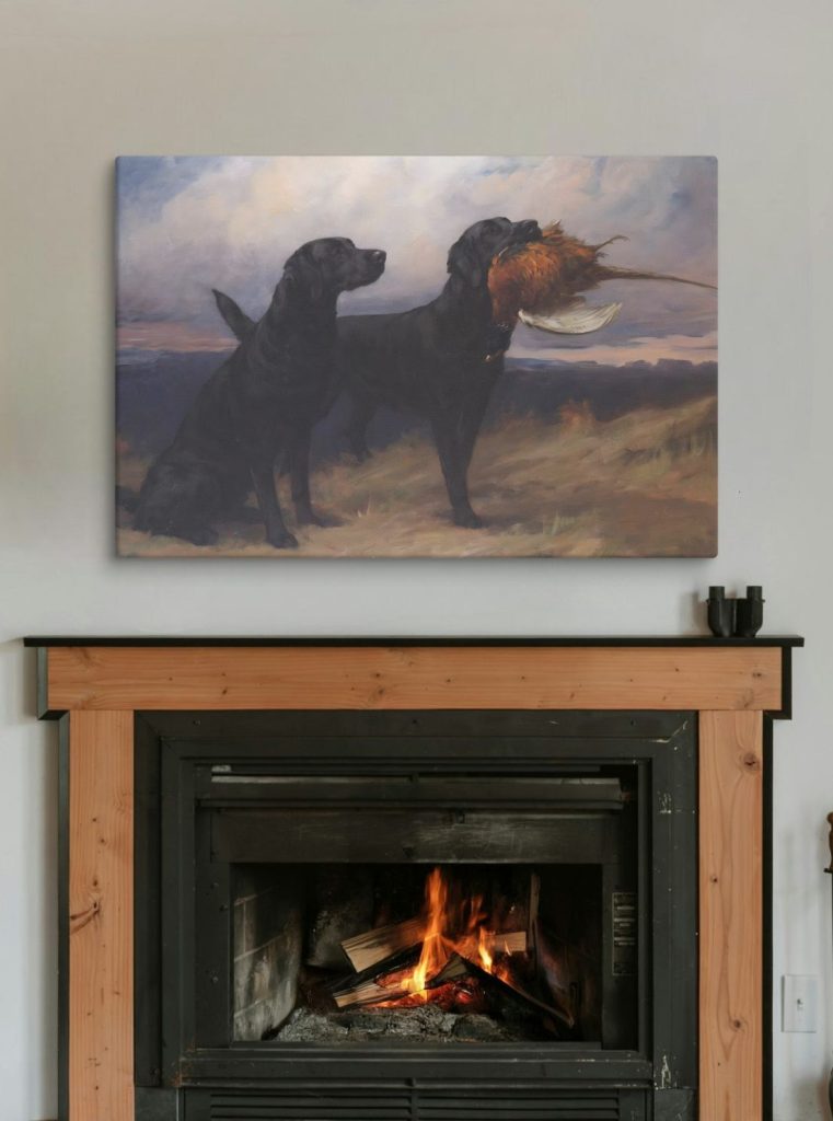 Black lab pheasant hunting painting vintage art print on canvas