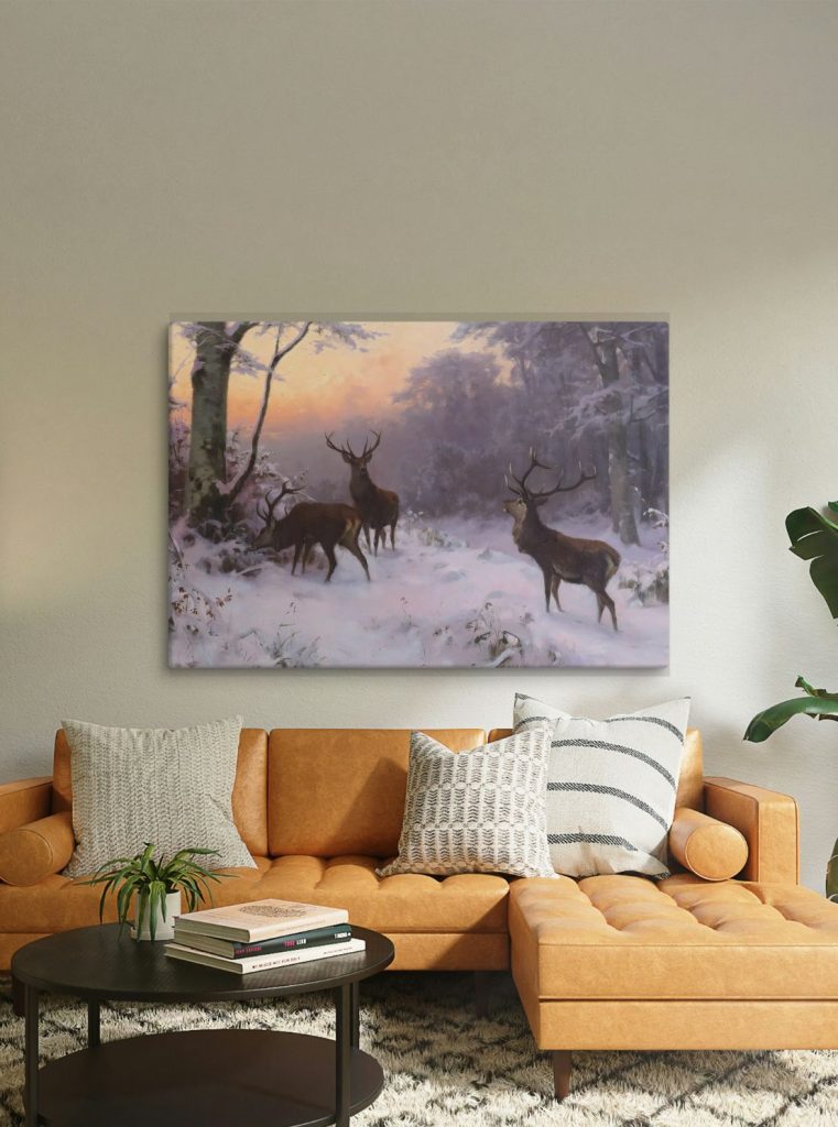 Deer in snow painting canvas art print vintage