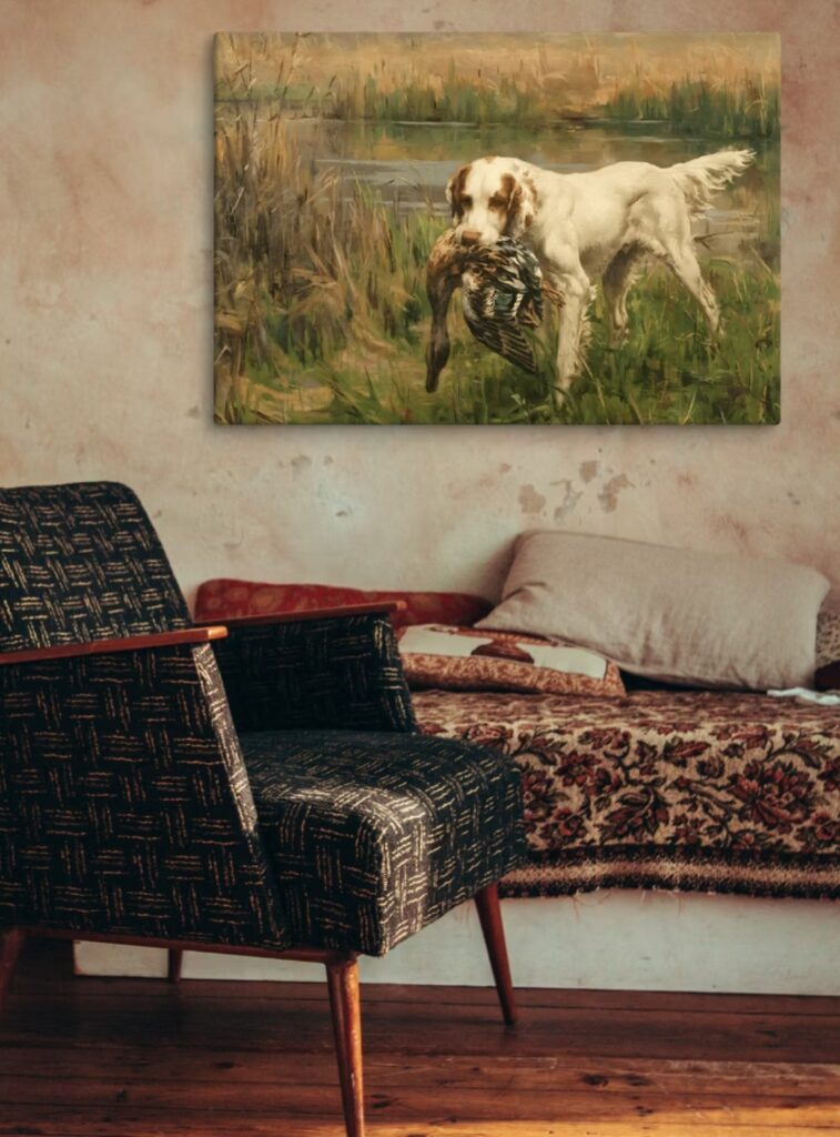 Duck hunting artwork with dog staged