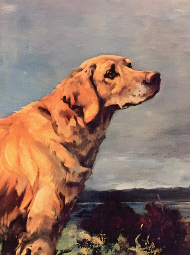 Golden retirever hunting dog painting detail1