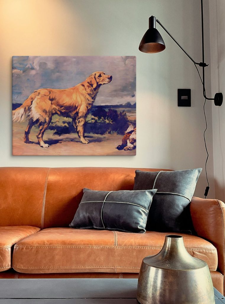 Golden retriever hunting painting wall art hanging over a leather sofa
