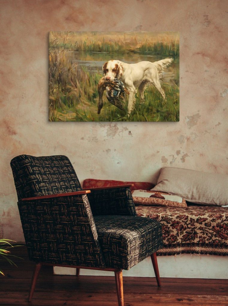 Vintage duck hunting dog painting